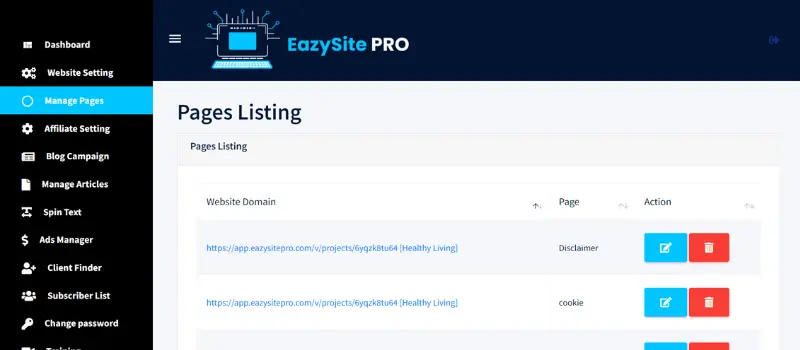 EazySitePro Page listing