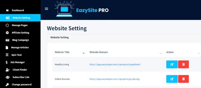 EazySitePro Website setting